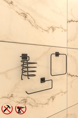 Yapışkanlı Kare Havluluk Kare Fön Ve Kare Rulo Havluluk Banyo Aksesuar Seti Siyah