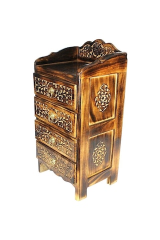 Ahşap Oymalı Komodin 32x24x60 Cm. 4 Çekmeceli Eskitme Siyah