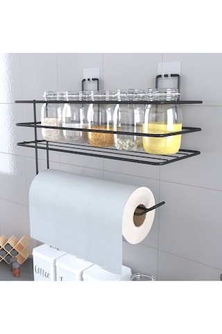 Eva Metal Tasarim Yapışkanlı Raflı Kağıt Rulo Havluluk Peçetelik Havlu Kağıltlık Siyah Banyo Mutfak Düzenleyici Raf