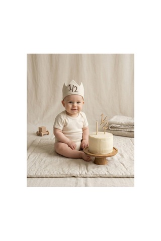 1/2 Half Birthday - Yarım Yaş Nakışlı Bebek Tacı - Half Birthday Tacı - Kahve/krem +0