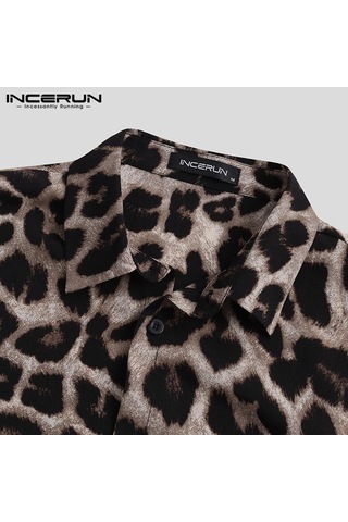 Incerun Casual Leopar Baskılı Erkek Gömlek Yaka Yaz Kısa Kollu Hawaii Gömlek Moda Baskı Üstleri Haki