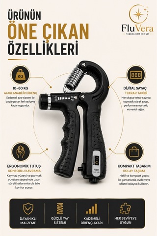 Ayarlanabilir El Yayı 10-60 Kg Dijital Sayaçlı El Egzersiz Ve Kavrama Güçlendirme Aleti Siyah