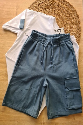 2'li Erkek Çocuk Beyaz Tişört Mavi Şortlu Takım-1364 Beyaz