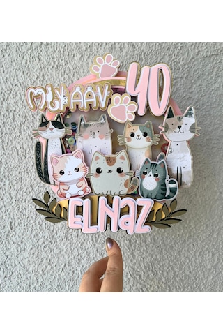 Kedi Temalı İsme Özel Kız Çocuk Doğum Günü Pasta Süsü