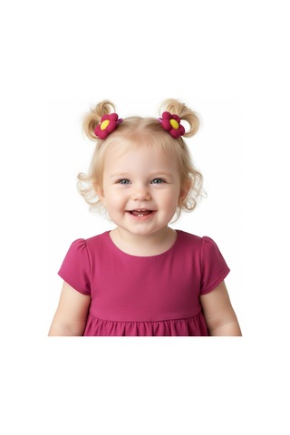 Çiçekli Kız Çocuk Lastikli Toka 2li Set St09517 Fuşya