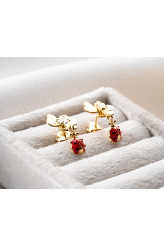 925 Ayar Uğur Böcekli Yonca Küpe.rose.gold.rodaj Gümüş 06981360