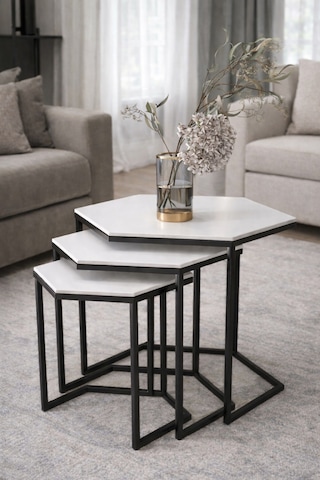 Usta Altıgen Siyah Metal Mdf Tablalı 3lü Zigon Sehpa Beyaz