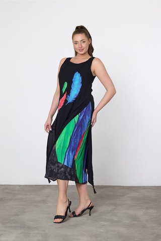 Schık Schık Kadın Yazlık Bol Kolsuz Rahat Baskılı Elbise Turkuaz