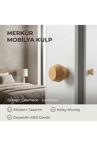 Merkür Ahşap Görünümlü Mobilya Kulpu Dolap 5 Adet Çekmece Gardırop Kulpu Modern Dekoratif Kulp Açık Ceviz