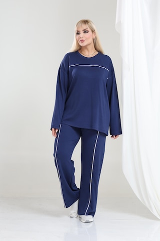 Biyeli Büyük Beden Oysho Tarzı Modal Kumaş Uzun Kollu Biyeli Rahat Günlük Takım Lacivert