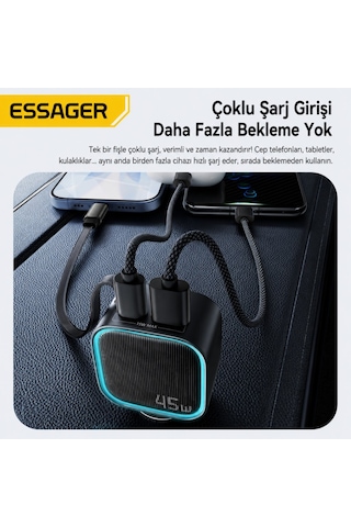 Essager 45w Hızlı Şarj Araç Şarj Cihazı Type C 75cm Çekilebilir Kablo Usb-c Usb-a 3'lü Çıkış 12v/24v