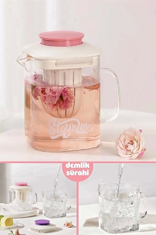 Isıya Dayanıklı Borosilikat Çelik Filtreli Bitki Çayı Süzgeçli Cam Demlik & 850 Ml. Kulplu Sürahi Bej