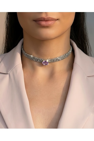 Kordon Zincir Örme Kristal Taşlı El Yapımı Choker Tasma Lila Silver Renk Kolye