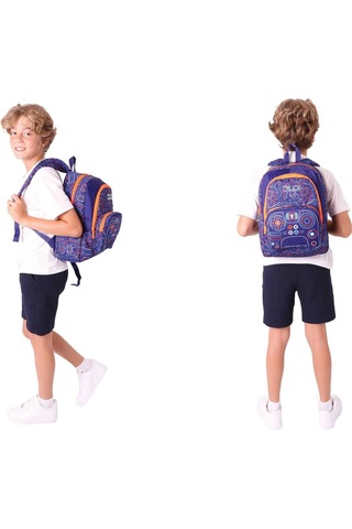 Kaukko Kids Oyun Temalı Erkek Çocuk Lacivert Turuncu Okul Çantası Ve Beslenme Çanta Takımı Lacivert