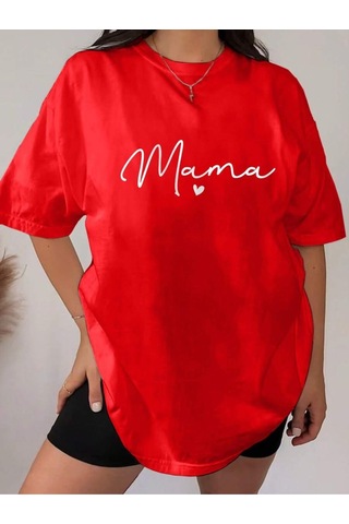 Mama Kalp T-shirt - Kırmızı Baskılı Oversize Bisiklet Yaka Kısa Kol Tişört Kırmızı