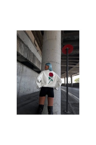 Butik İstanbul Oversize Üç İplik Bisiklet Yaka Baskılı Sweatshirt - Beyaz