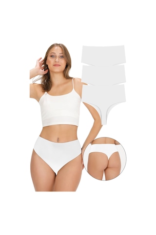 Sensu Kadın Lazer Kesim Yüksek Bel Tanga Külot 3'lü Set Kts5002 Beyaz Beyaz