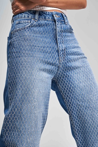 it's basic Kadın Mavi Renk Doris T3-2s5-4 Parlak Taşlı Straight Fit Yüksek Bel %100 Koton Tasarım Denim Jean Mavi T3-2s5-4