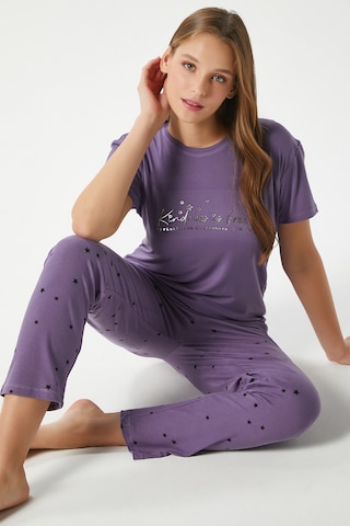 Ritnice Kadın Kindness Yumuşak Doku Mürdüm Yıldız Desen Bisiklet Yaka Kısa Kollu Alt Üst Pijama Takımı