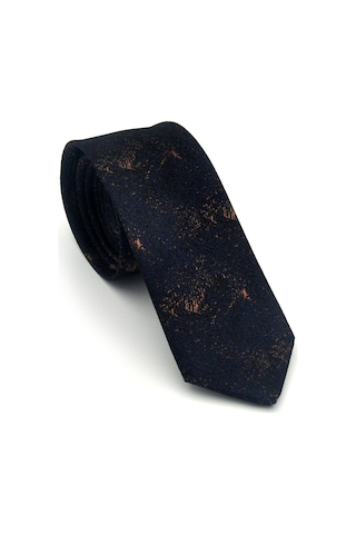 Gaffy Kahverengi Desenli Lacivert Dokuma Kumaş Mendilli Slim Fit Kravat // Sdk-2613-5 Kahverengi