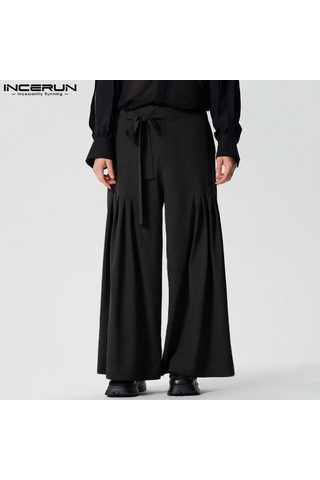 Incerun Erkek Yüksek Bel Bağcıklı Geniş Paça Pantolon Rahat Pileli Resmi Pantolon Gri