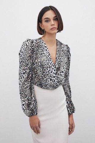 Sateen Leopar Desenli Bodysuit - Siyah-135268 Siyah
