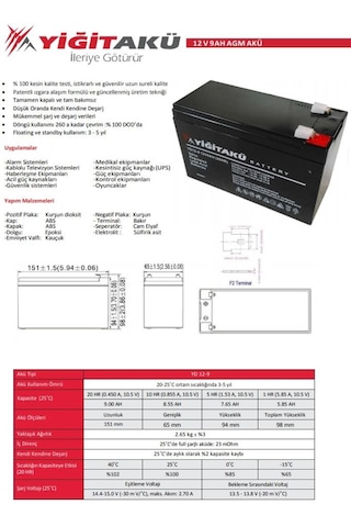 12v 9ah-amper Kuru Agm Yiğit Akü Ups Güç Kaynağı Pilsan