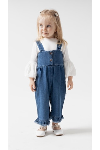 Babymod Püsküllü Palazzo Kız Bebek Çocuk Jean Salopet Tulum Lüks %100 Pamuk Likralı Ribana Balon Bluz Denim Kot Takım Lacivert