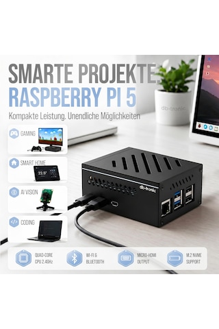 Db-tronic Raspberry Pi 5 8gb Pcıe M.2 Nvme Seti 64gb Sürümü Güç Kaynağı 27w Metal Kasa Aktif Soğutucu M.2 Nvme Ssd Pcıe Kartı Akıllı Ev, Retro Oyun Ve Ev Asistanı İçin İdeal