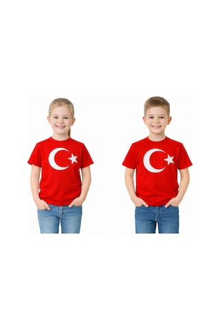 Zuzumax Ataş Çocuk Bayraklı Tişört Kırmızı & Beyaz Renk 23 Nisan, 19 Mayıs, 29 Ekim Özel Pamuklu Kısa Kol Kirmizi