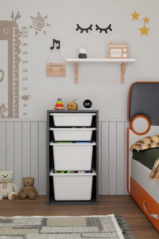 4 Sepetli Oyuncak Dolabı Çok Amaçlı Oyuncak Dolabı Düzenleyici Organizer Antrasit - Beyaz