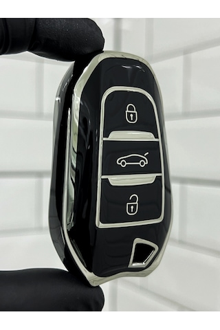 Peugeot 208 308 408 508 2008 3008 5008 Uyumlu Anahtar Kılıfı Gümüş - Siyah