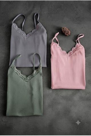 Demirsa Boutique Dantelli İp Askılı Fitilli Ribana Kadın Atlet 3'lü Set Pembe, Mavi Ve Yeşil Renk Pembe-mavi-yeşil