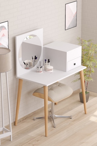 Elsa Makyaj Masası Aynalı Kapaklı Organizer Dolaplı Çekmeceli Bey