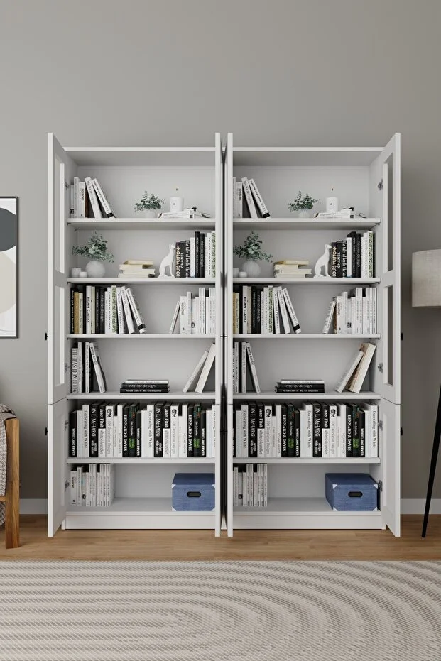 Lisa 8 Kapaklı Beyaz Vitrin Seti - Kitaplık Ve Çok Amaçlı Dolap Beyaz