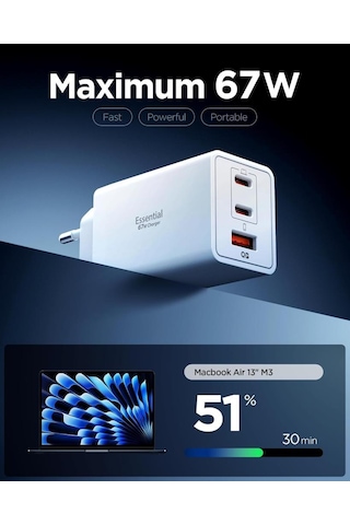 Spigen 67w Usb-c + Usb-a 3 Port Hızlı Şarj Aleti Samsung Pps 2.0 Isı Düşüren Gan Pro Akım Korumalı Pd 3.0 / Scp / Fcp Protokol Güç Adaptörü iPhone & Android & İpad & Apple Uyumlu MacBook Type-c White
