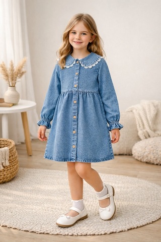 Uğur Bebe Kız Çocuk Dantel Yaka Denim Kot Elbise Uzun Kollu Günlük Şık Premium Çocuk Elbisesi Mavi Mavi