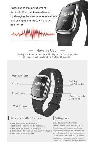 Aubyhe M2 Ultrasonik Kovucu Bileklik, Saat Fonksiyonlu, Çocuk-yetişkin-hamile Uygun, Siyah Silikon Metal, 7 Gün Kullanim Süresi