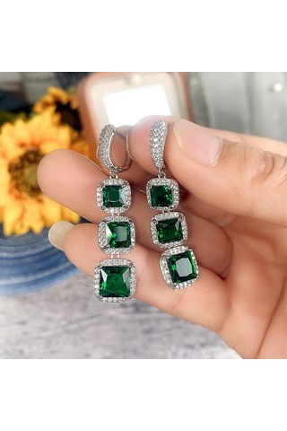 Yeşil Pomoiii Üç Kare Zirkon Damla Küpe Kadın Moda Lüks Gelin Düğün Parti Beyaz/mavi/yeşil/kırmızı Küpe Takı Çok Renkli