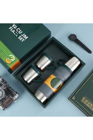 Thermohis 6158 Çelik Termos 3 Bardaklı Set Siyah