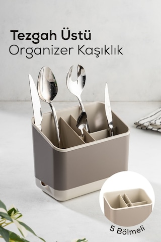 Vienev Tezgah Üstü Kaşık Düzenleyici 5 Bölmeli Organizer Kaşıklık Bej