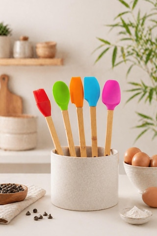5'li Silikon Ve Bambu Saplı Mutfak Gereçleri Seti-spatula,fırça Servis Maşa Seti Çok Renkli