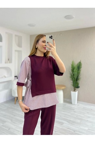 Defymoda Kadın Kristal 2 Iplik Kumaş Yanları Çizgili Takım Bordo