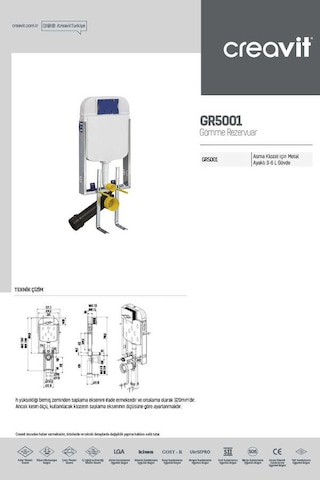 Creavit GR5001 Asma Klozet Uyumlu 3-6 Litre Metal Ayaklı Gömme Rezervuar Beyaz