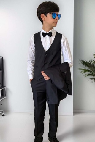 Riccotarz Erkek Çocuk Blazer Ceketli, Cepken Yelekli Siyah Takım Elbise 10-16 Yaş Siyah