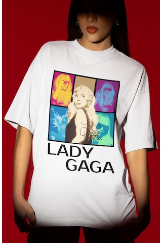 Sevbano Tasarım Lady Gaga Şarkıcı Baskılı Unisex Oversize Tişört Beyaz