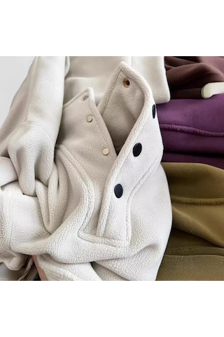 Snapbuy Düğmeli Polar Kadın Sweatshirt Krem