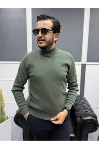 Avni Ceylan Modern Erkek Slim Fit Balıkçı Yaka %100 Pamuk Pike Örgü Triko Kazak Yeşil/kahve