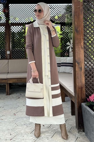 İmge Çizgili Triko Hırka Sütlü Kahve Çok Renkli