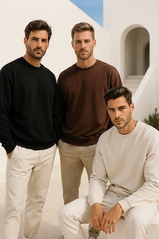 Rich Erkek 3'lü Paket Siyah - Kahverengi - Krem Bisiklet Yaka Scuba Sweatshirt Siyah